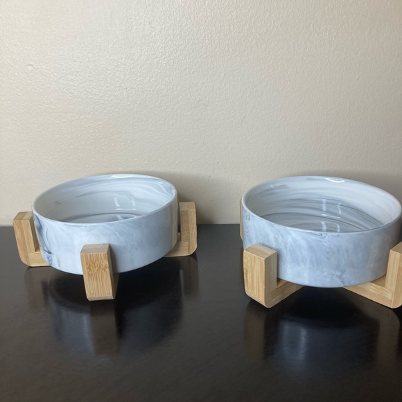 Ceramic Pet Bowls With Bamboo Stands Modern Food And Water Bowl Set Cat Dog Gray - Picture 3 of 6